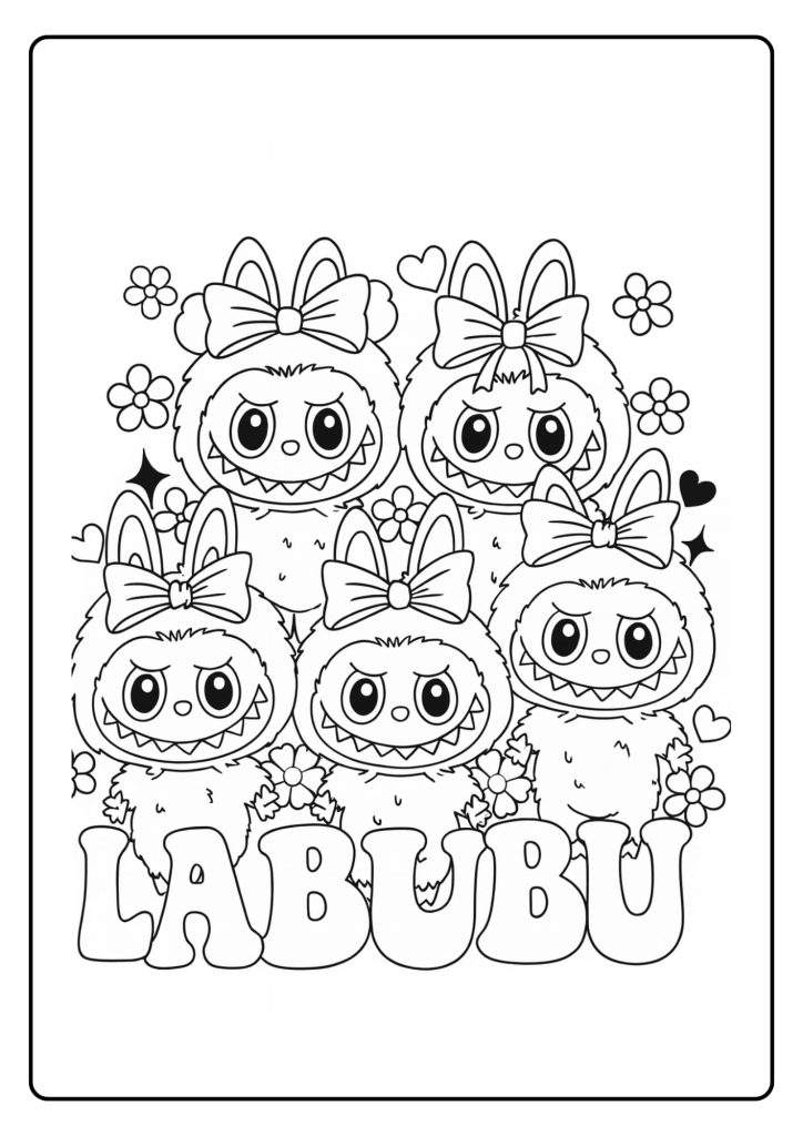 Kleurplaat met vijf schattige, monsterlijke Labubu personages met konijnenoren en strikjes, omringd door bloemen, hartjes en sterren, met de tekst 'LABUBU' onderaan.