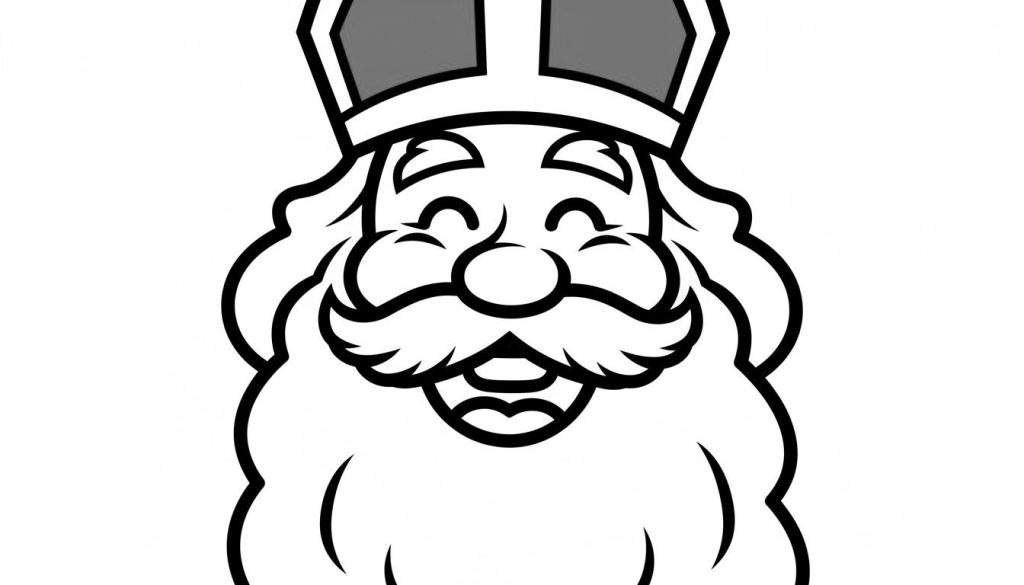 Zwart-wit lijntekening van het lachende gezicht van Sinterklaas met gesloten ogen, ronde neus, volle snor en lange baard. Zijn mijter heeft grijs ingekleurde vlakken. Geschikt voor peuters.
