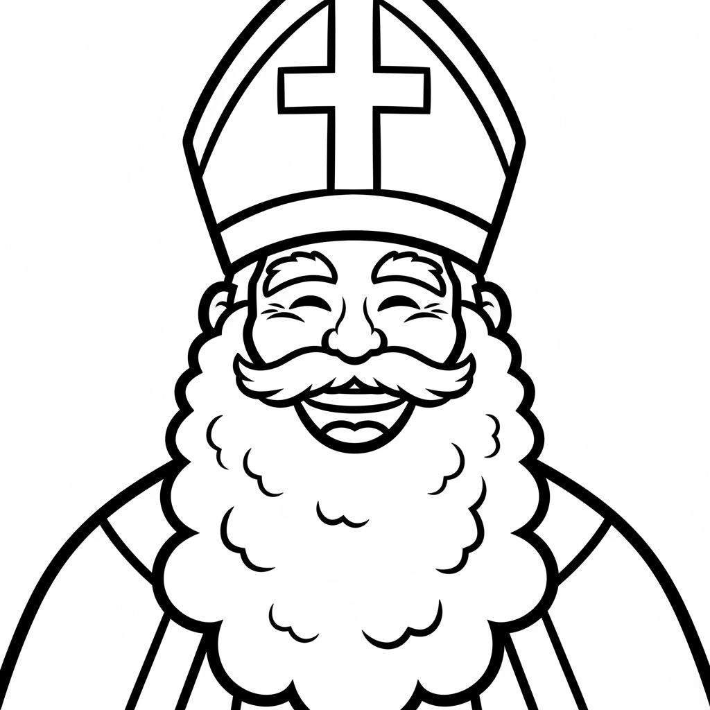 Zwart-wit lijntekening van een vrolijke cartoon Sinterklaas met mijter, lachend met volle witte baard en snor, perfect voor peuters.