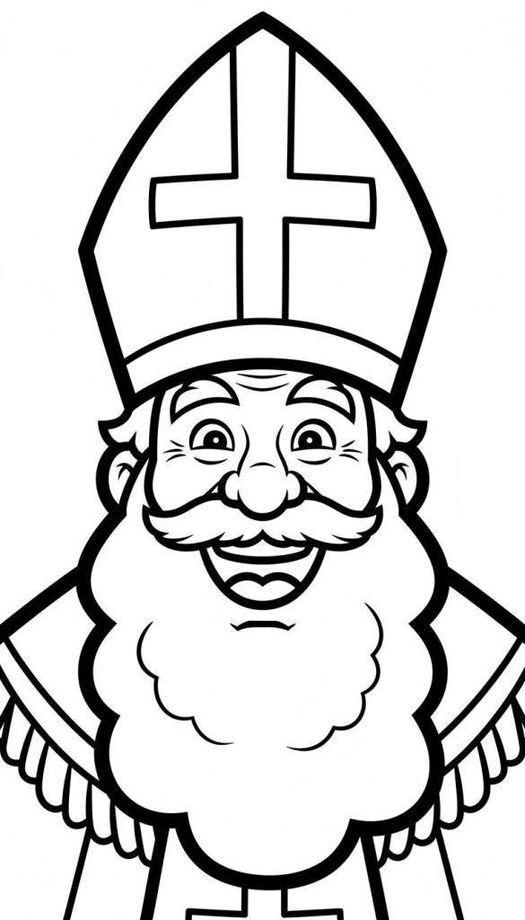 Lachende Sinterklaas kleurplaat met hoge mijter, volle baard en kruisen op kleding. Geschikt voor peuters.