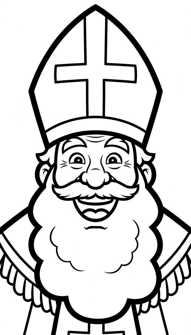 Lachende Sinterklaas kleurplaat met hoge mijter, volle baard en kruisen op kleding. Geschikt voor peuters.