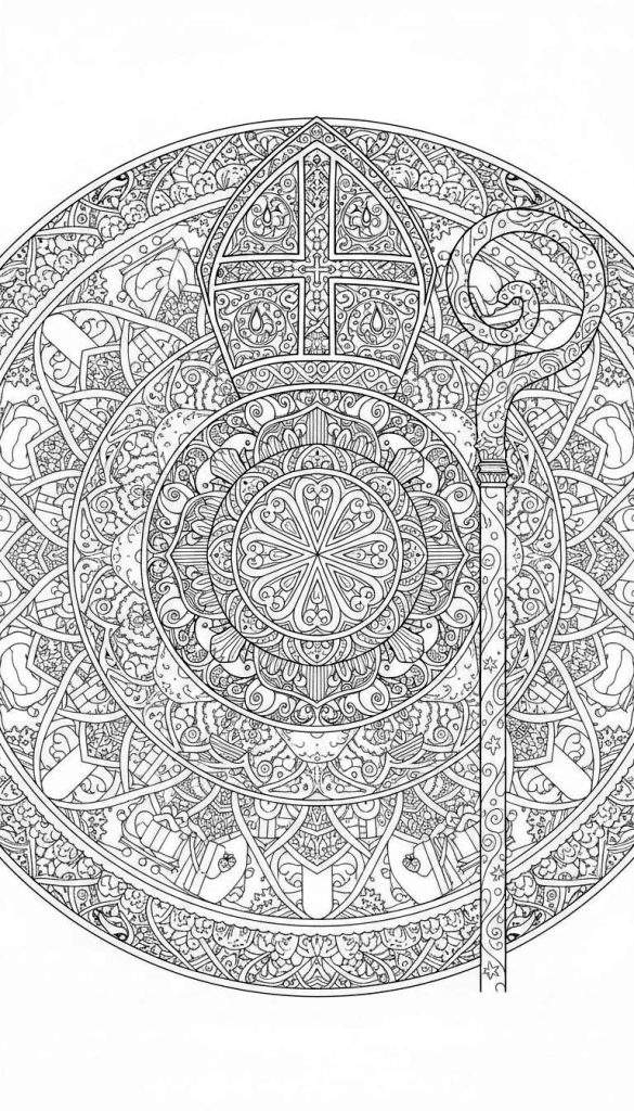 Gedetailleerde Sinterklaas mandala kleurplaat met bisschopsmijter en staf in zwart-wit lijntekening stijl, vol ingewikkelde patronen.