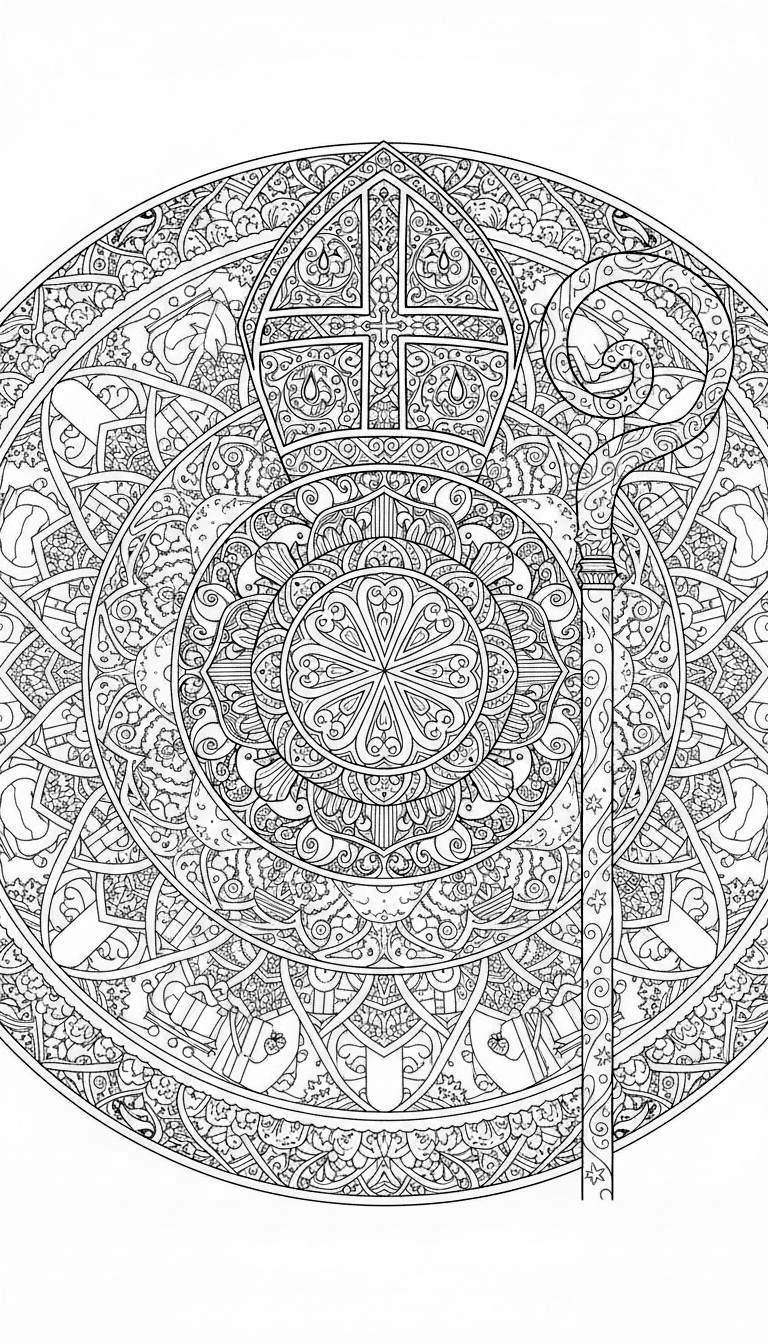 Gedetailleerde Sinterklaas mandala kleurplaat met bisschopsmijter en staf in zwart-wit lijntekening stijl, vol ingewikkelde patronen.