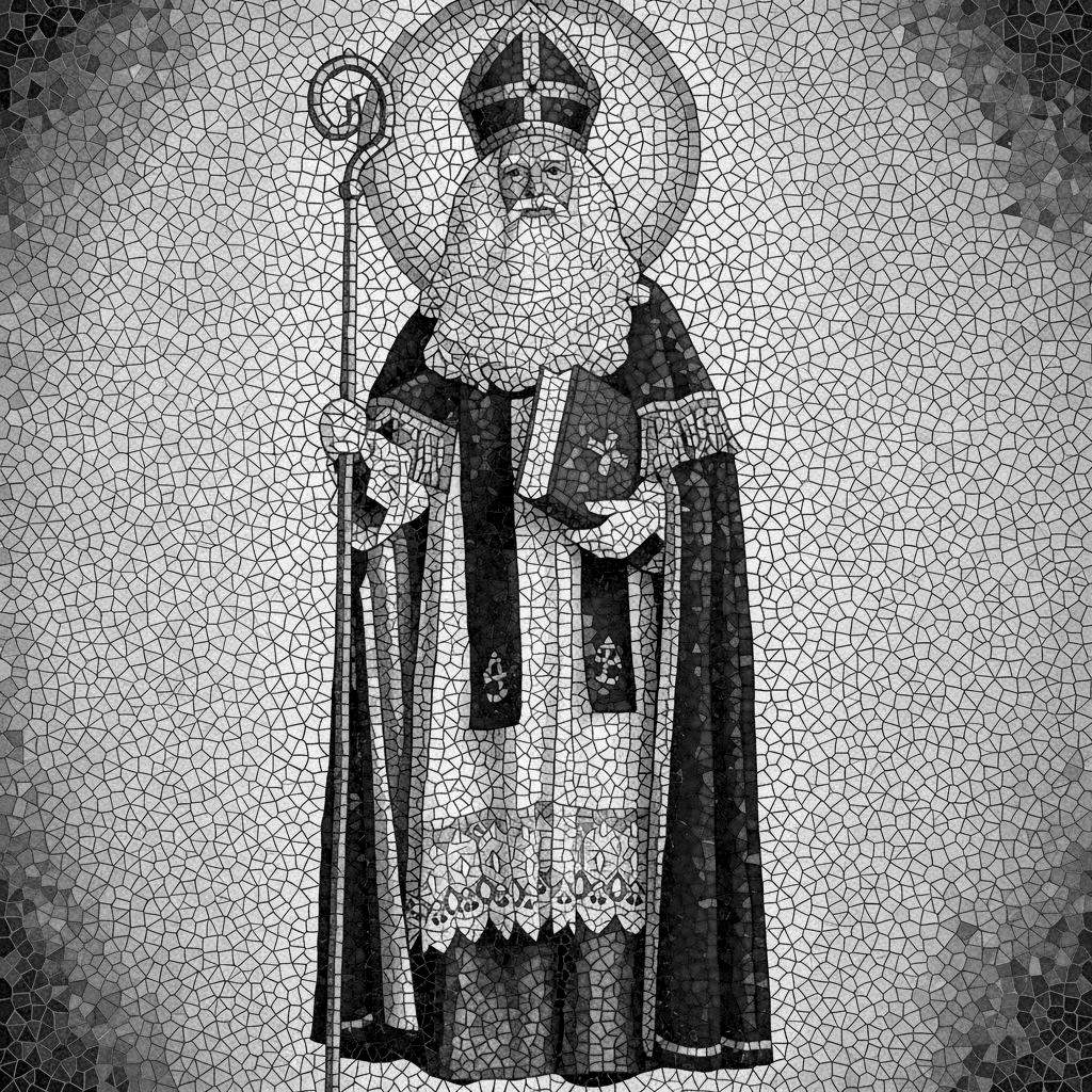 Zwart-wit mozaïek kleurplaat van Sinterklaas (bisschop), met lange witte baard, mijter met kruis, aureool, rijkelijk versierde gewaden, kromstaf en een Bijbelboek.