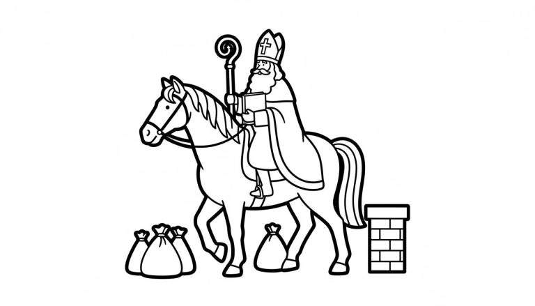 Zwart-wit kleurplaat van Sinterklaas met mijter, lange baard, bisschopsstaf en boek, rijdend op zijn paard. Bij de hoeven van het paard liggen cadeauzakken en rechts staat een schoorsteen. Peuter niveau.