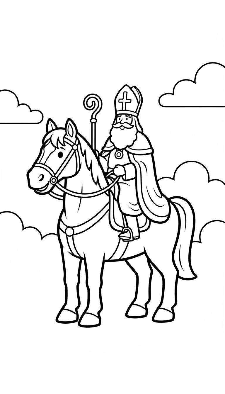 Zwart-wit kleurplaat van Sinterklaas met lange baard, mijter, bisschopsstaf en cape, rijdend op een paard met hoofdstel en zadel. Enkele wolken op de achtergrond. Ontwerp geschikt voor peuters.
