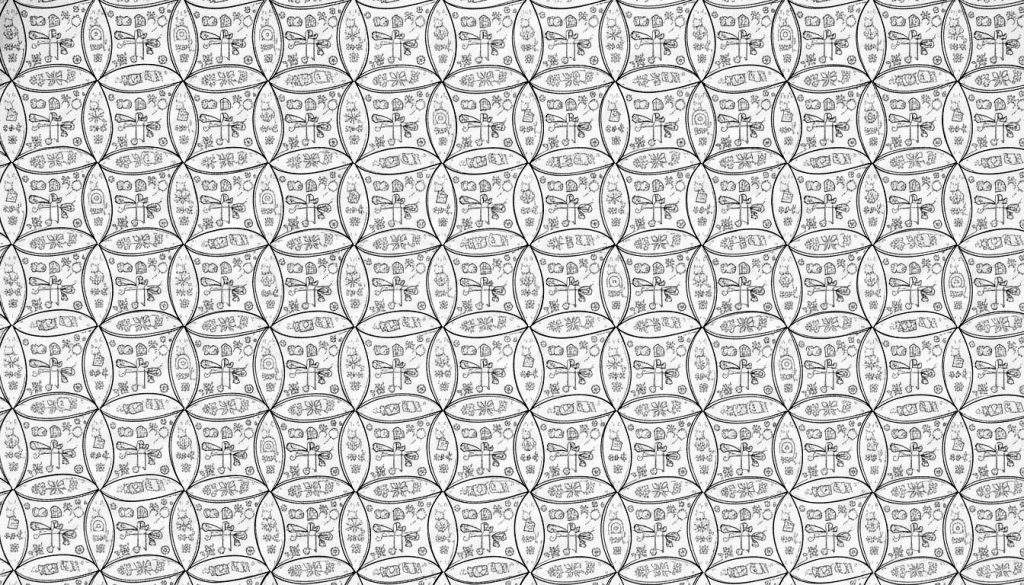 Gedetailleerde, zwart-witte kleurplaat met een complex mozaïek van overlappende cirkels gevuld met handgetekende libellen, bloemen, wolken, abstracte symbolen en kleine gestileerde objecten, in een traditionele, schetsmatige stijl, geschikt voor Sinterklaas.