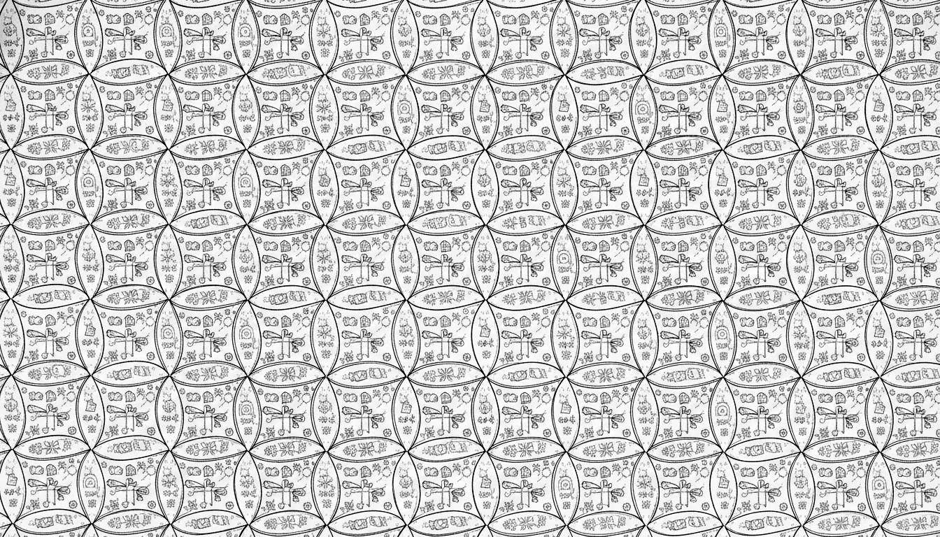 Gedetailleerde, zwart-witte kleurplaat met een complex mozaïek van overlappende cirkels gevuld met handgetekende libellen, bloemen, wolken, abstracte symbolen en kleine gestileerde objecten, in een traditionele, schetsmatige stijl, geschikt voor Sinterklaas.
