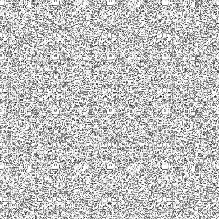 Gedetailleerde zwart-wit Sinterklaas kleurplaat met een complex, naadloos doodle-patroon. Het patroon bestaat uit talloze kleine, handgetekende illustraties zoals hartjes, ogen, wolkjes, theekopjes, sterretjes, vraagtekens, huisjes, klokjes, muzieknoten, letters en abstracte vormen, elk ingesloten in bubbelvormige contouren.