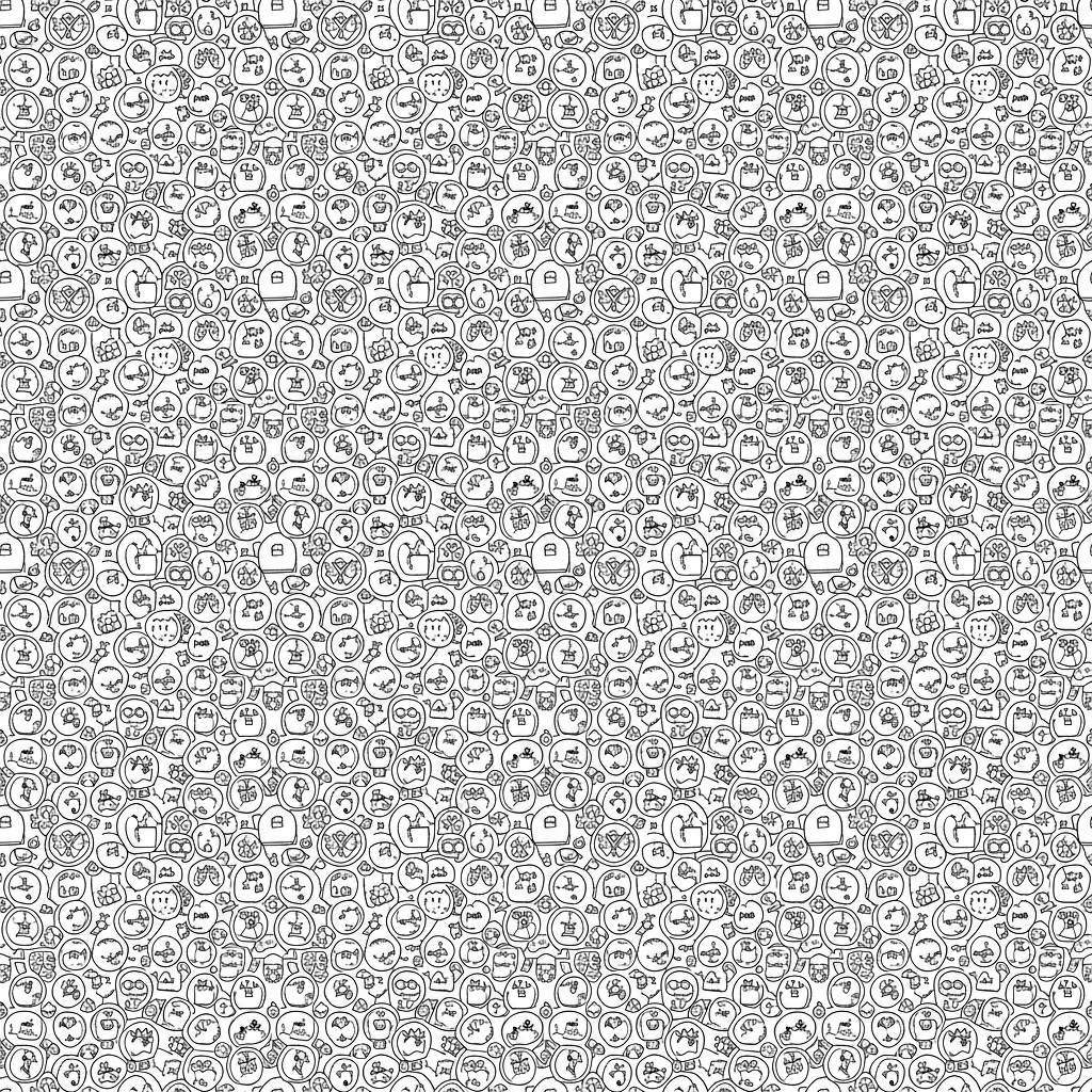 Gedetailleerde zwart-wit Sinterklaas kleurplaat met een complex, naadloos doodle-patroon. Het patroon bestaat uit talloze kleine, handgetekende illustraties zoals hartjes, ogen, wolkjes, theekopjes, sterretjes, vraagtekens, huisjes, klokjes, muzieknoten, letters en abstracte vormen, elk ingesloten in bubbelvormige contouren.