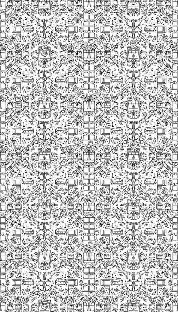 Moeilijke Sinterklaas kleurplaat met gedetailleerd, herhalend patroon van cadeautjes, pinguïns, raamkozijnen, loofwerk, muzieknoten en sterren, perfect voor een winterse feestdag.