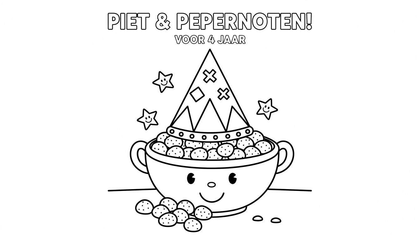 Kleurplaat 'Piet & Pepernoten!' voor 4 jaar: vrolijke kom met gezichtje gevuld met pepernoten, afgedekt met een Pietenmuts, omringd door losse pepernoten en drie lachende sterren. Ideaal voor Sinterklaas peuters.