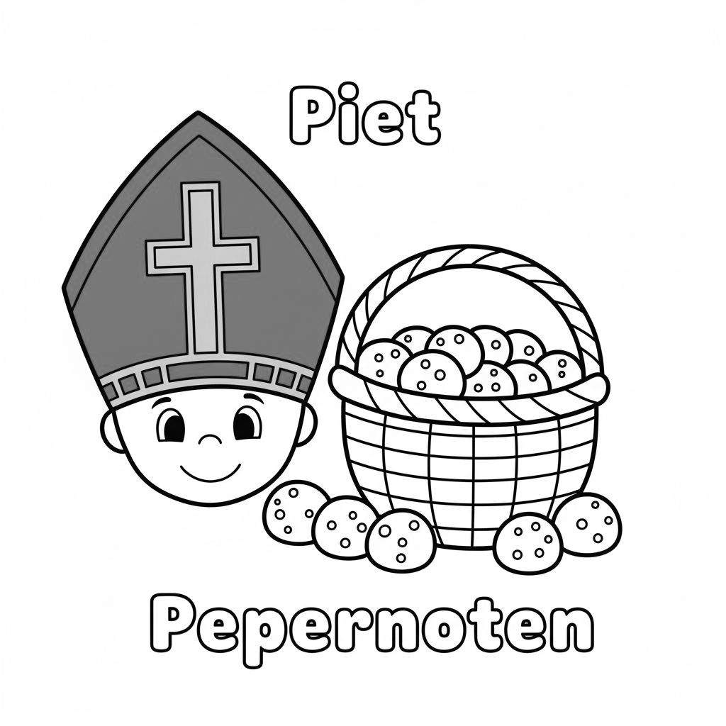 Kleurplaat van lachende Sinterklaas met mijter en een mand vol pepernoten. De tekst 'Piet' staat bovenaan en 'Pepernoten' onderaan.