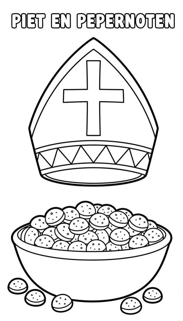 Kleurplaat met een Sinterklaas mijter met kruis en driehoeken, een kom vol pepernoten en losse pepernoten, en de tekst 'PIET EN PEPERNOTEN'. Geschikt voor peuters.