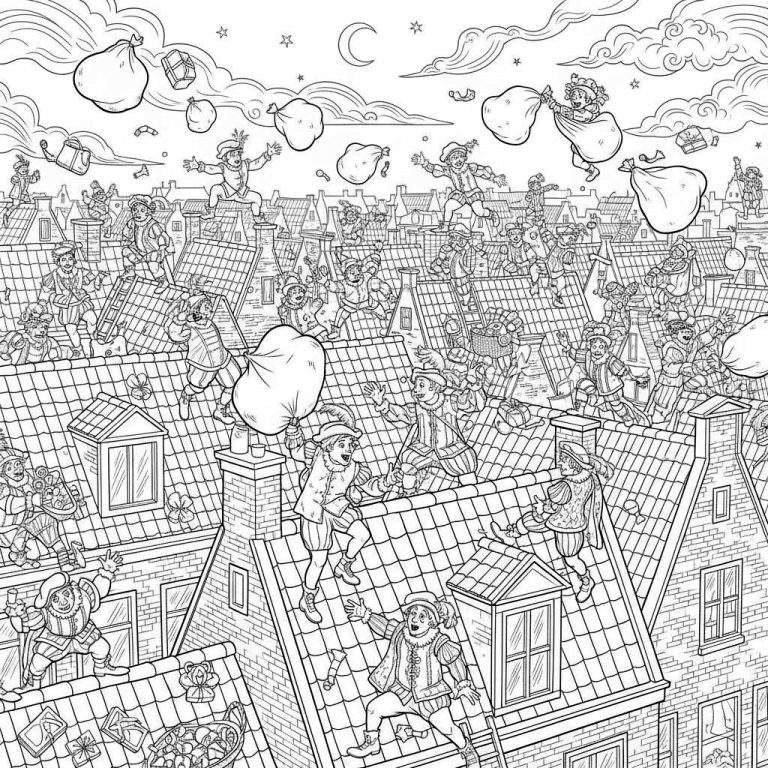 Drukke Sinterklaas Pieten in traditionele kleding rennen, springen en klimmen over pannendaken, sommigen dragen grote zakken vol cadeaus en geschenken, onder een nachtelijke hemel met een halve maan en sterren. De scène straalt vrolijke chaos uit.