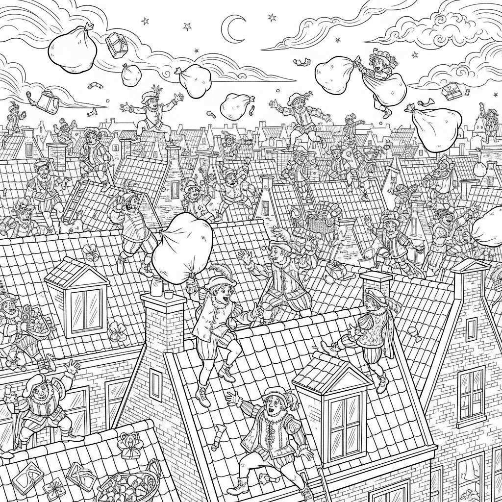 Drukke Sinterklaas Pieten in traditionele kleding rennen, springen en klimmen over pannendaken, sommigen dragen grote zakken vol cadeaus en geschenken, onder een nachtelijke hemel met een halve maan en sterren. De scène straalt vrolijke chaos uit.