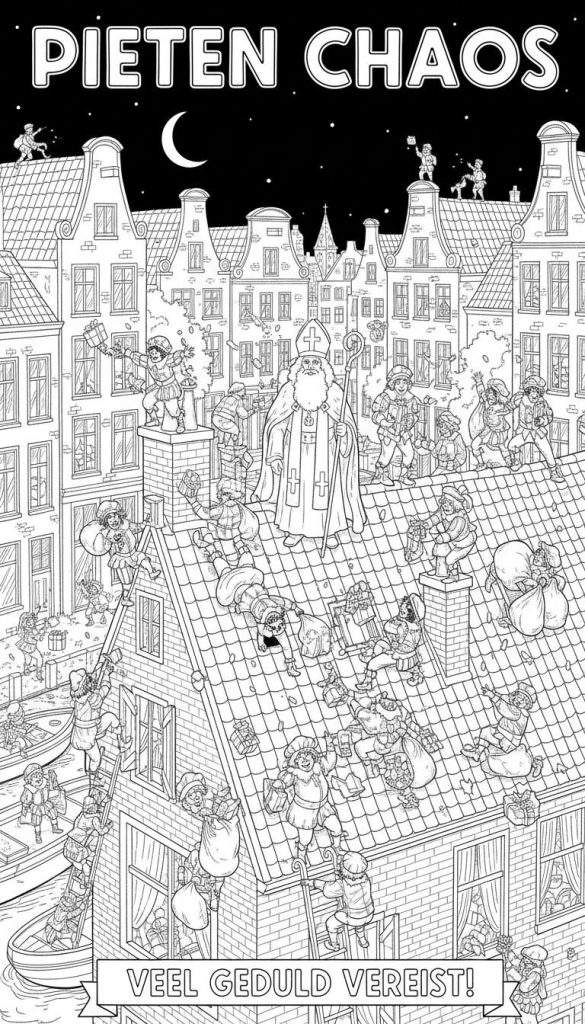 Gedetailleerde zwart-wit kleurplaat getiteld 'Pieten Chaos' met Sinterklaas rustig op een dak in een Nederlandse grachtenstad 's nachts, omringd door chaotisch cadeaus bezorgende, vallende en klimmende Pieten.