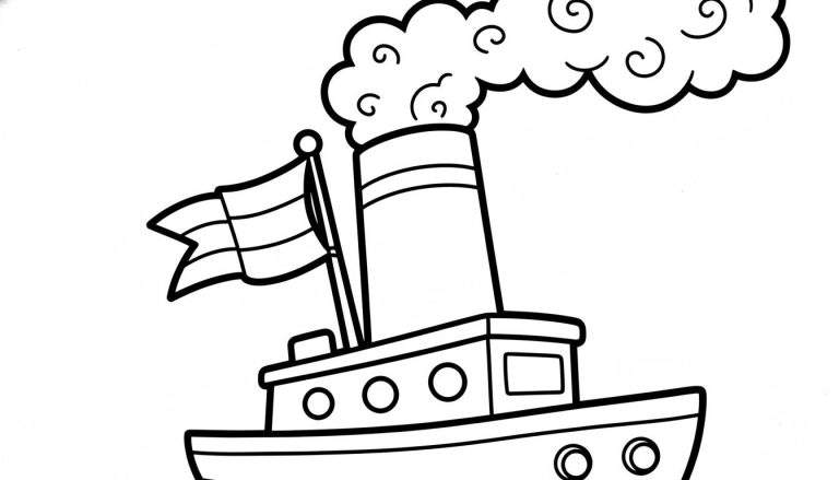 Kleurplaat van een eenvoudige sleepboot of stoomboot met hoge schoorsteen en rook, vlag, patrijspoorten en reling, geschikt voor peuters.