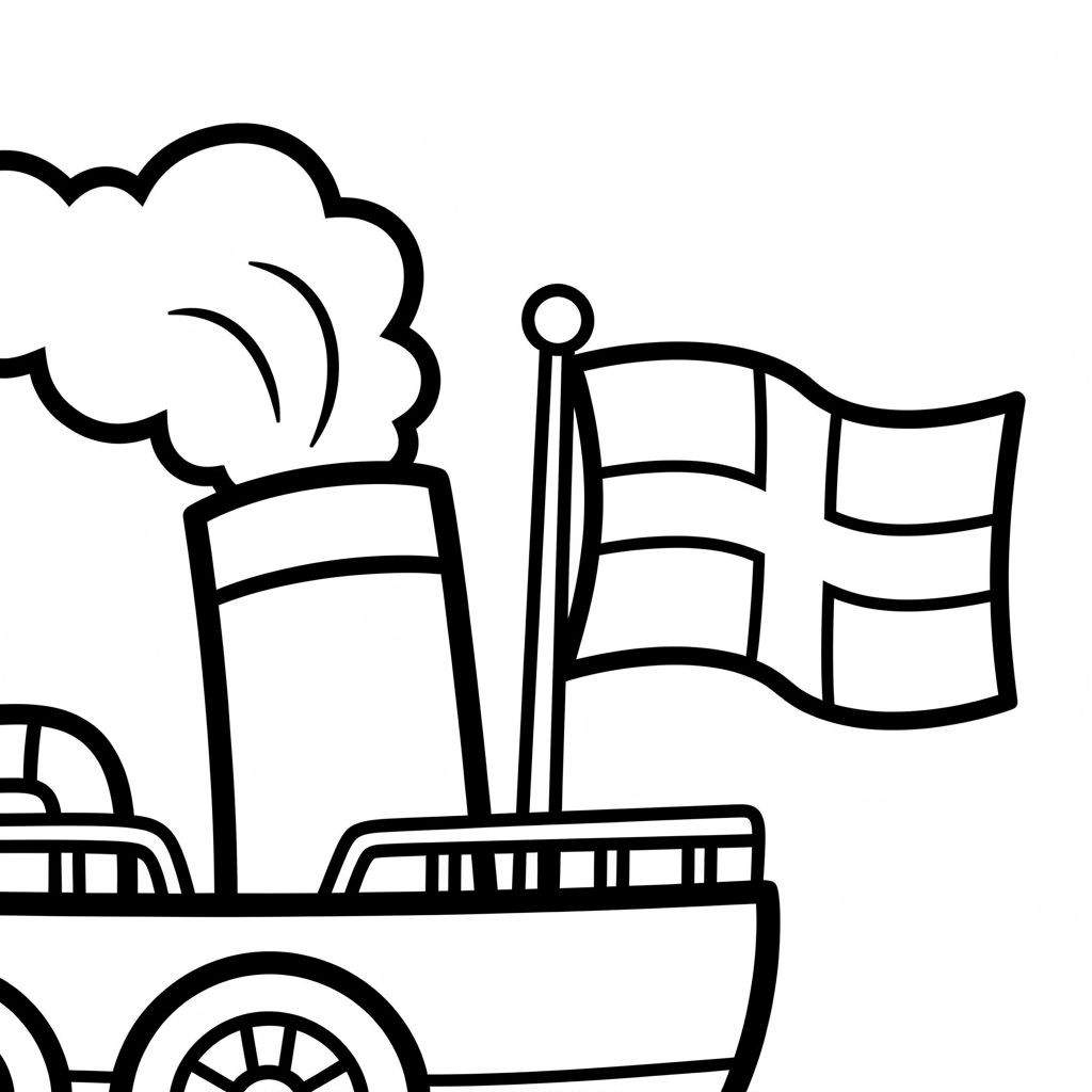 Kleurplaat van een stoomboot met rokende schoorsteen, vlaggenmast met Scandinavische vlag en schoepenrad, voor peuters.