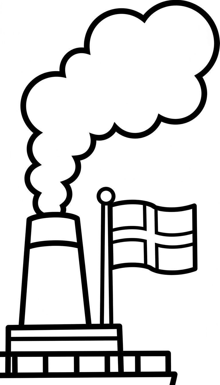 Zwart-wit kleurplaat van een schip met een grote schoorsteen waaruit rook komt en een vlag met Scandinavisch kruispatroon aan een vlaggenmast. Geschikt voor peuters.