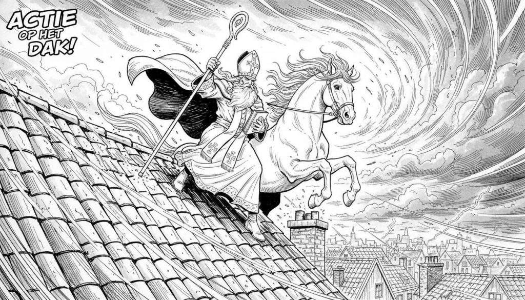 Zwart-wit stripboek stijl kleurplaat van Sinterklaas op zijn paard Amerigo die met opgeheven voorbenen over een pannendak beweegt, met een stad op de achtergrond en dynamische lucht met bliksemschichten. De tekst 'ACTIE OP HET DAK!' staat linksboven.