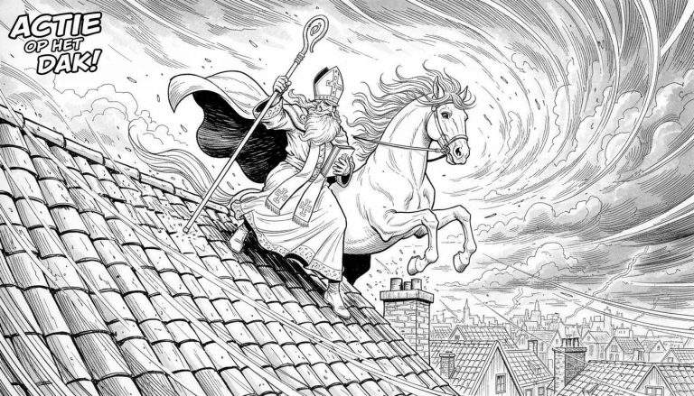 Zwart-wit stripboek stijl kleurplaat van Sinterklaas op zijn paard Amerigo die met opgeheven voorbenen over een pannendak beweegt, met een stad op de achtergrond en dynamische lucht met bliksemschichten. De tekst 'ACTIE OP HET DAK!' staat linksboven.