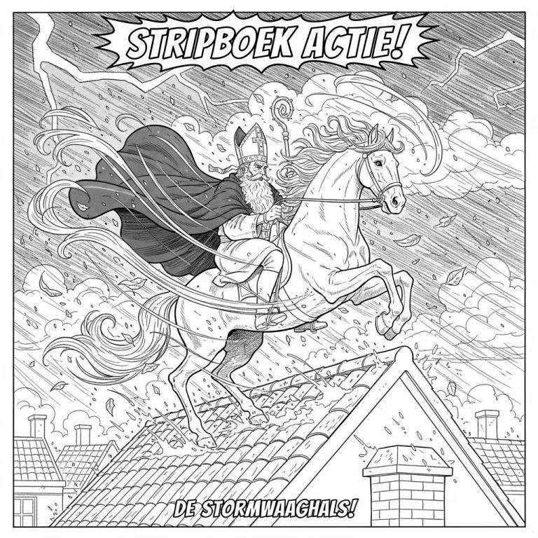 Zwart-wit stripboekillustratie van Sinterklaas op een wild springend wit paard te midden van een hevige storm boven daken met schoorstenen. Windlijnen, bliksem, rondvliegende bladeren en teksten "STRIPBOEK ACTIE!" en "DE STORMWAACHGALS!" benadrukken de dynamiek en actie.
