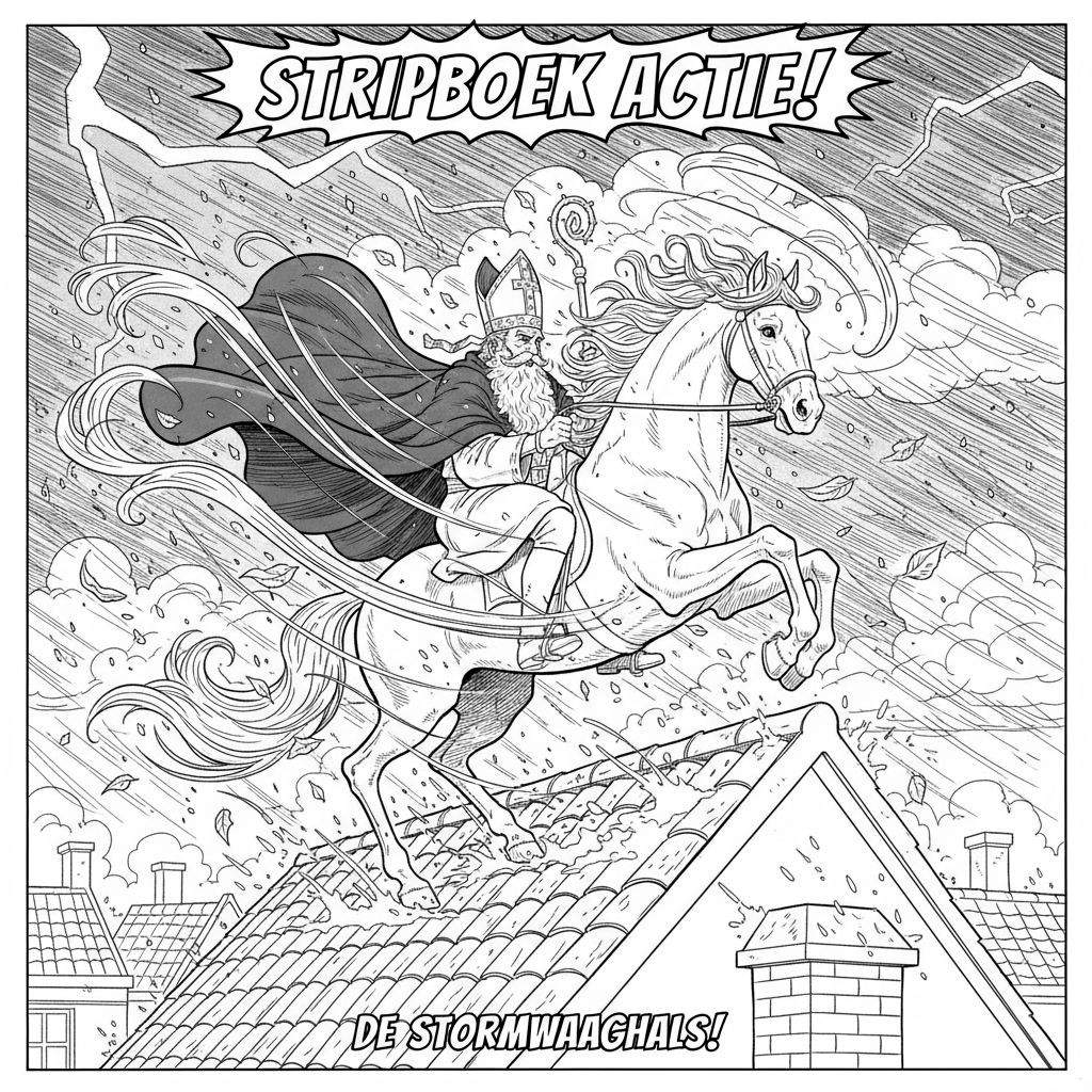 Zwart-wit stripboekillustratie van Sinterklaas op een wild springend wit paard te midden van een hevige storm boven daken met schoorstenen. Windlijnen, bliksem, rondvliegende bladeren en teksten "STRIPBOEK ACTIE!" en "DE STORMWAACHGALS!" benadrukken de dynamiek en actie.