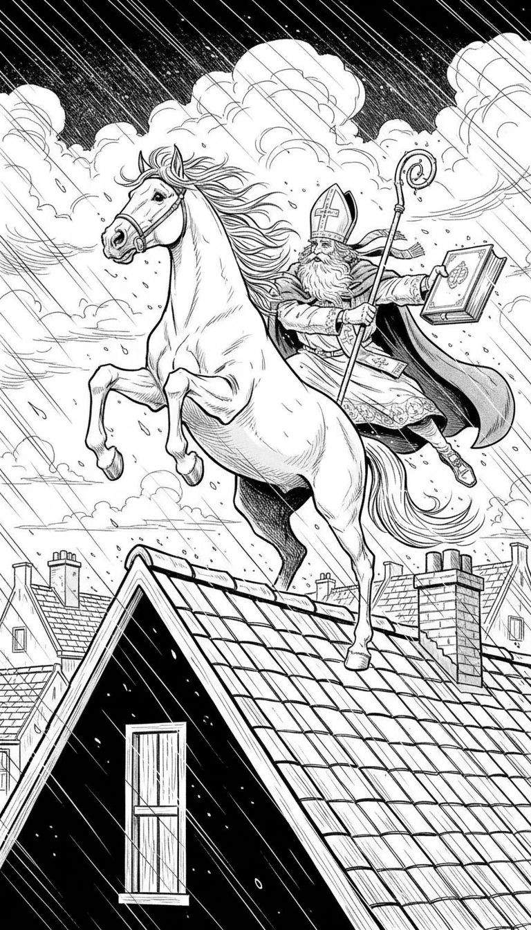 Gedetailleerde zwart-wit kleurplaat van Sinterklaas op zijn steigerende witte paard rijdend over de daken tijdens stormachtig weer, met kromstaf en open boek.