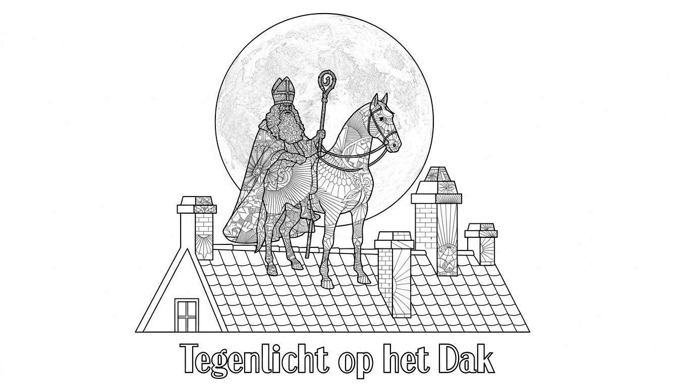 Zwart-wit kleurplaat van Sinterklaas op zijn paard op een dak met meerdere schoorstenen en een dakkapel. Achter hen is een grote volle maan te zien. Sinterklaas, zijn paard, de maan, de dakpannen en de schoorstenen zijn allemaal ingevuld met gedetailleerde, mandala-achtige patronen. Onderaan staat d