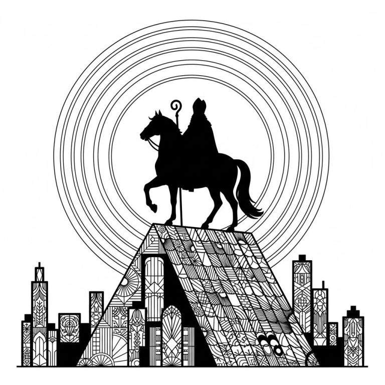 Moeilijke Sinterklaas kleurplaat in Art Deco stijl: bisschop te paard op piramidevormig gebouw, omringd door gestileerde wolkenkrabbers en een stralenkrans.