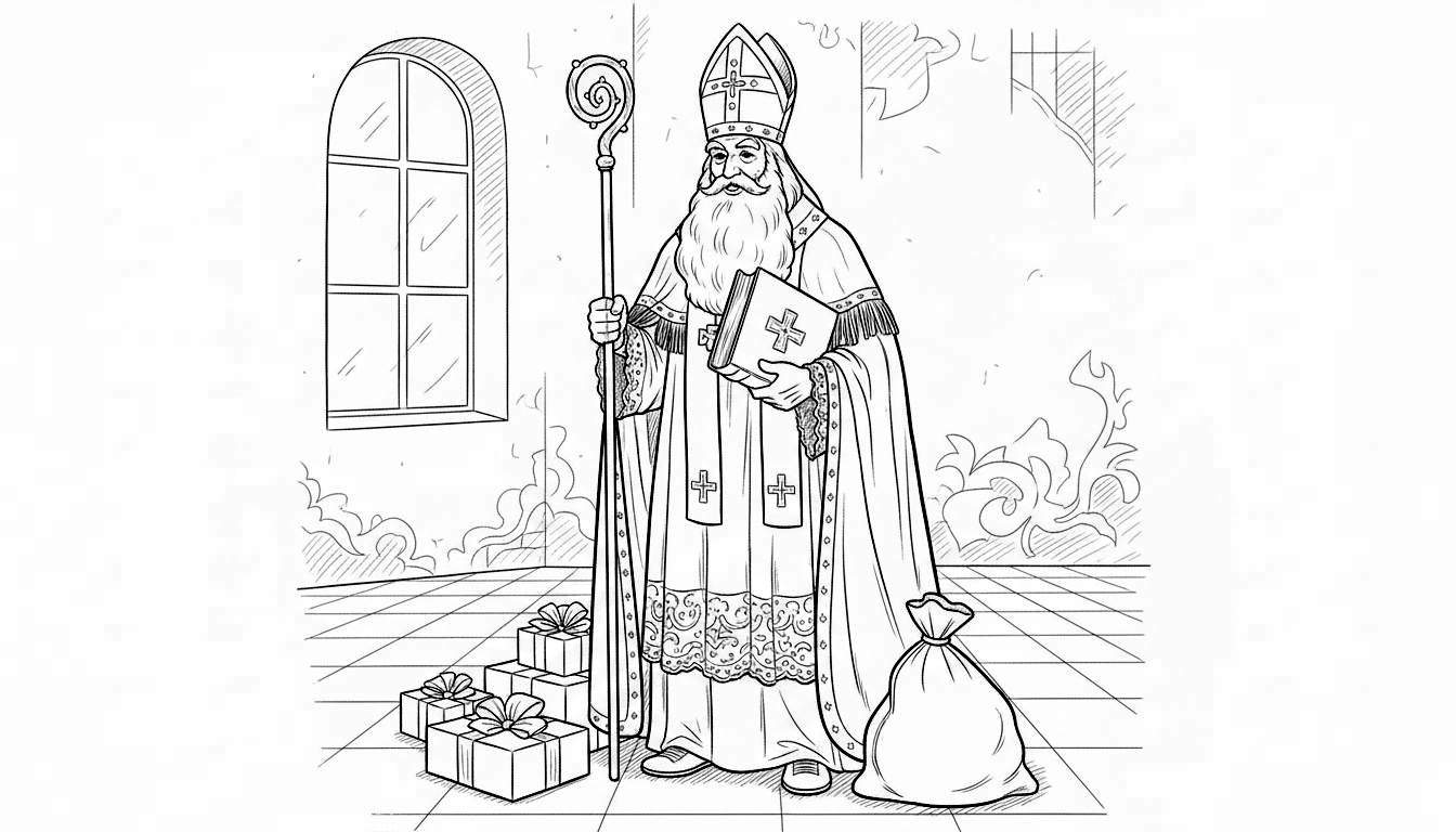 Gedetailleerde zwart-wit kleurplaat van Sinterklaas met lange baard, mijter en staf, staand op een ruitvloer met cadeautjes, zak, boograam en muurdecoraties op de achtergrond.