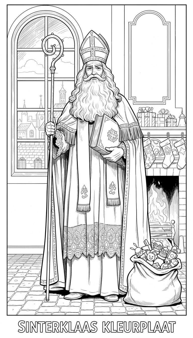Kleurplaat van Sinterklaas met staf en boek, omringd door een open haard met cadeaus, een zak speelgoed, en een raam met stadsgezicht. Onderaan staat 'SINTERKLAAS KLEURPLAAT'.