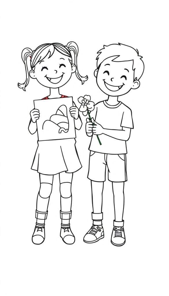 Kleurplaat van een lachend meisje met staartjes en een tekening, naast een lachende jongen met een bloem.