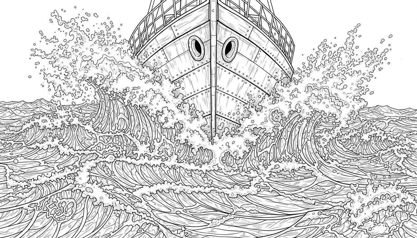Moeilijke Sinterklaas kleurplaat van de boeg van een schip dat door woeste, schuimende golven vaart, met details als klinknagels en patrijspoorten.