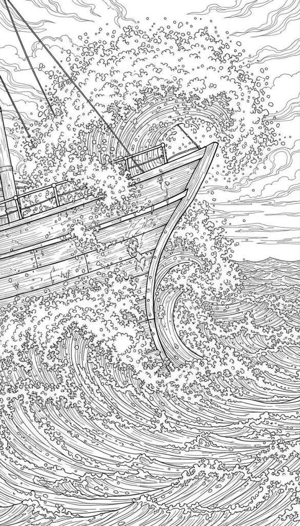 Gedetailleerde Sinterklaas kleurplaat: houten zeilschip met mast en tuigage op woeste, stormachtige zee met opspattende golven en schuim onder een bewolkte lucht.