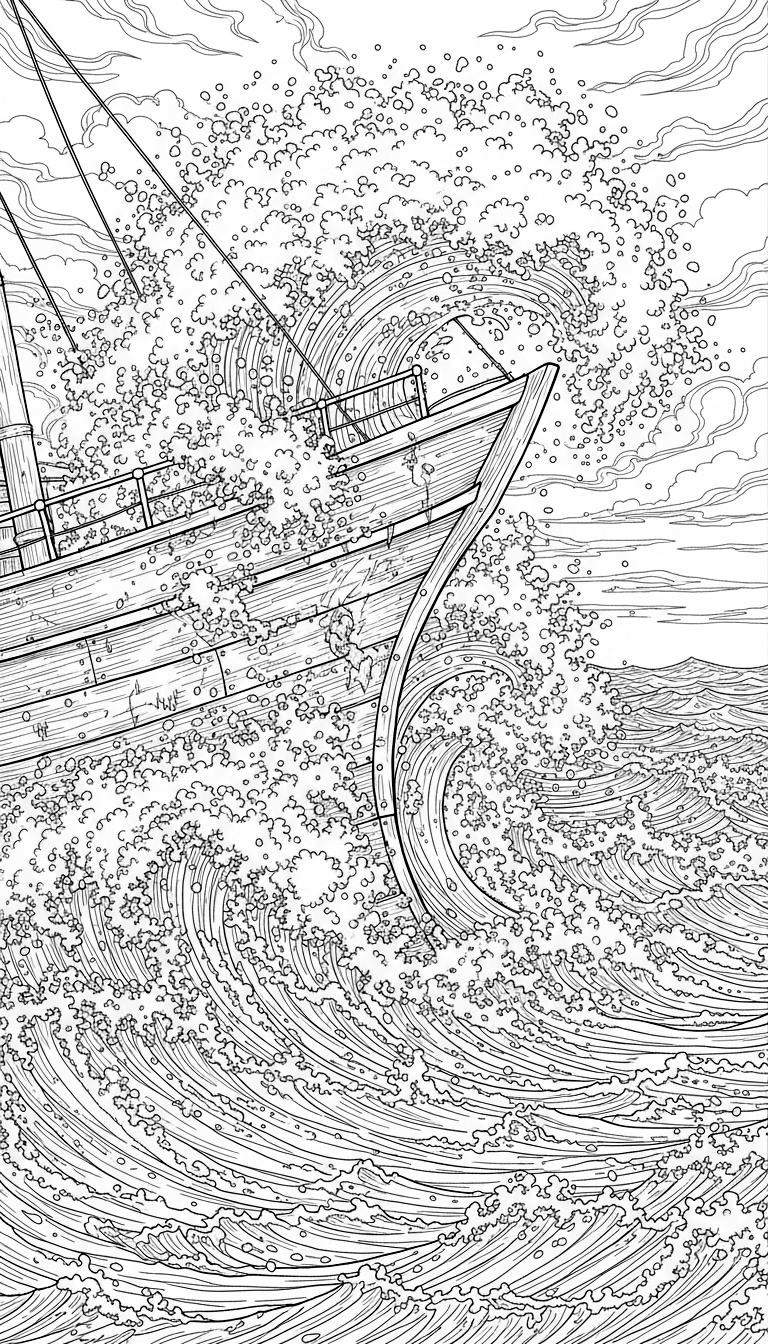 Gedetailleerde Sinterklaas kleurplaat: houten zeilschip met mast en tuigage op woeste, stormachtige zee met opspattende golven en schuim onder een bewolkte lucht.