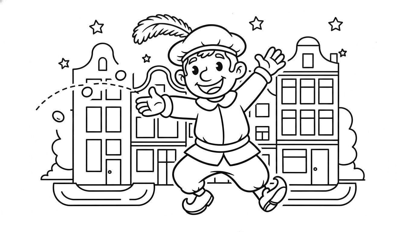 Kleurplaat van een vrolijk springende jongen met een Piet-achtige outfit (muts met veer, ronde kraag, puntschoenen) voor een achtergrond van Nederlandse grachtenpanden met diverse gevels en ramen, omringd door sterren. Links op de voorgrond is een stippellijn langs een golvende lijn te zien.