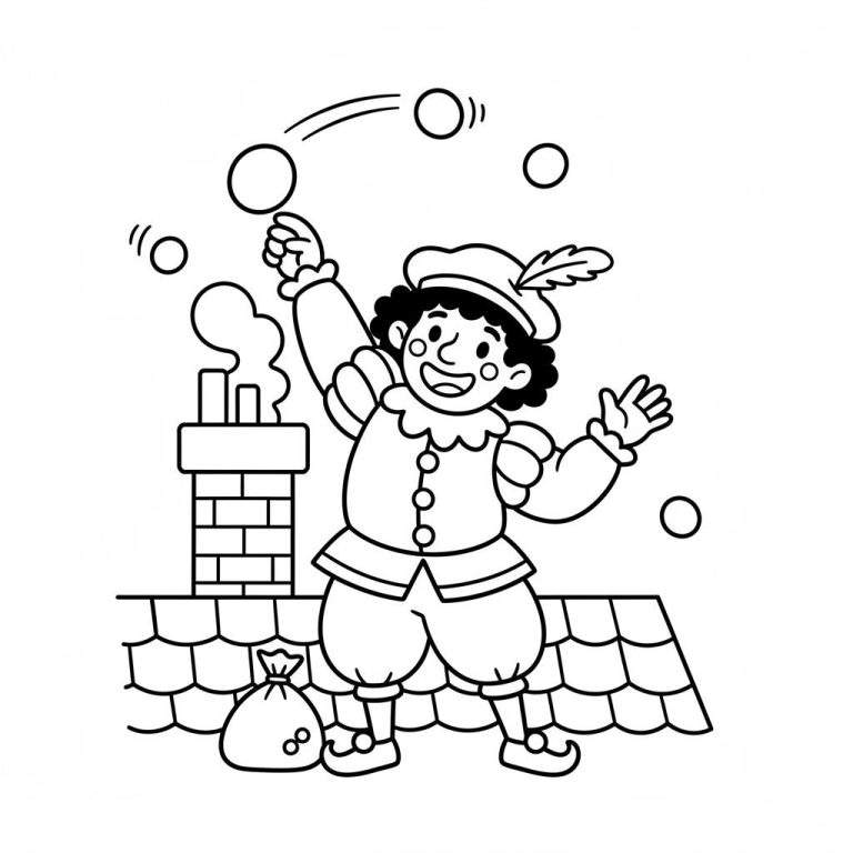 Zwart-wit kleurplaat van een lachende Zwarte Piet in traditionele kleding, staand op een schuin dak met een rokende schoorsteen. Hij strooit kleine ronde voorwerpen (pepernoten) en naast hem ligt een jutezak. Ontworpen voor peuters.