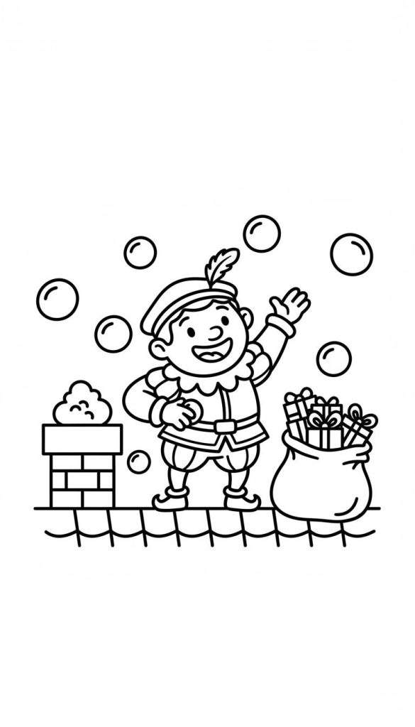 Kleurplaat van een vrolijke lachende kabouter of elf met geplooide kraag, muts met veer, riem en pofbroek, zwaaiend en staand op een gestreepte ondergrond. Links staat een schoorsteen met rook, rechts een zak met cadeautjes en rondom zweven bellen.