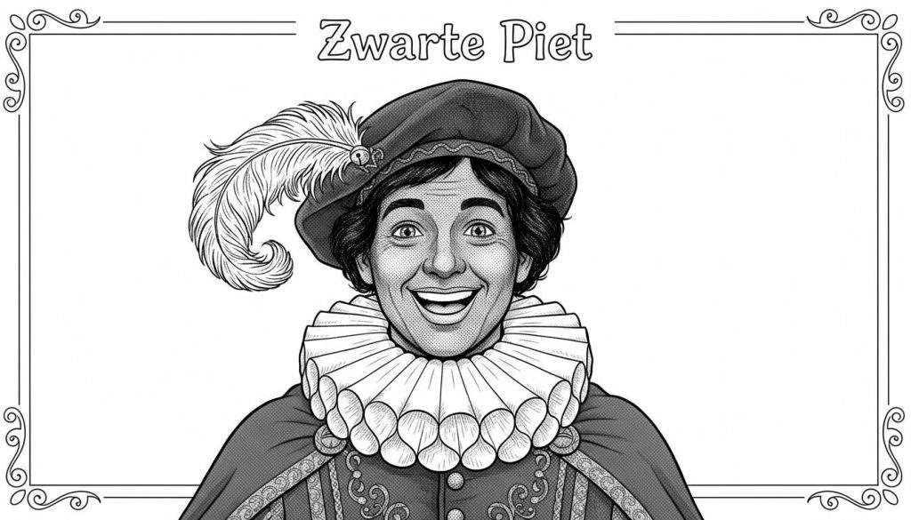 Moeilijke kleurplaat van een lachende Zwarte Piet met lichte huidskleur, gekleed in een historisch kostuum, inclusief baret met veer en grote molensteenkraag. Boven de figuur staat 'Zwarte Piet' en het geheel is omrand door een sierlijke rand.