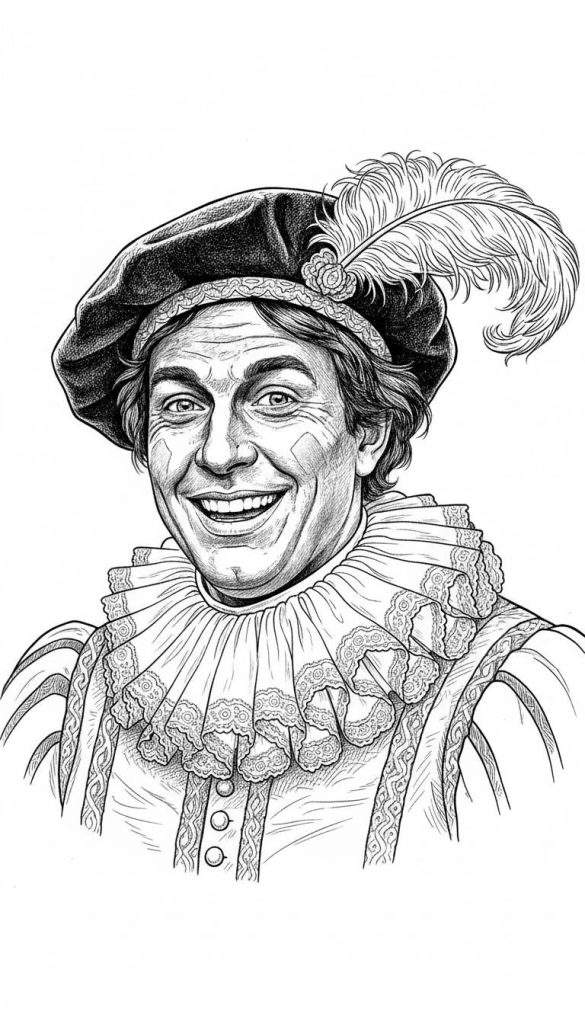 Gedetailleerde zwart-wit kleurplaat van een lachende Sinterklaas in Renaissance kostuum, met veerhoed, molenkraag en versierde kleding.