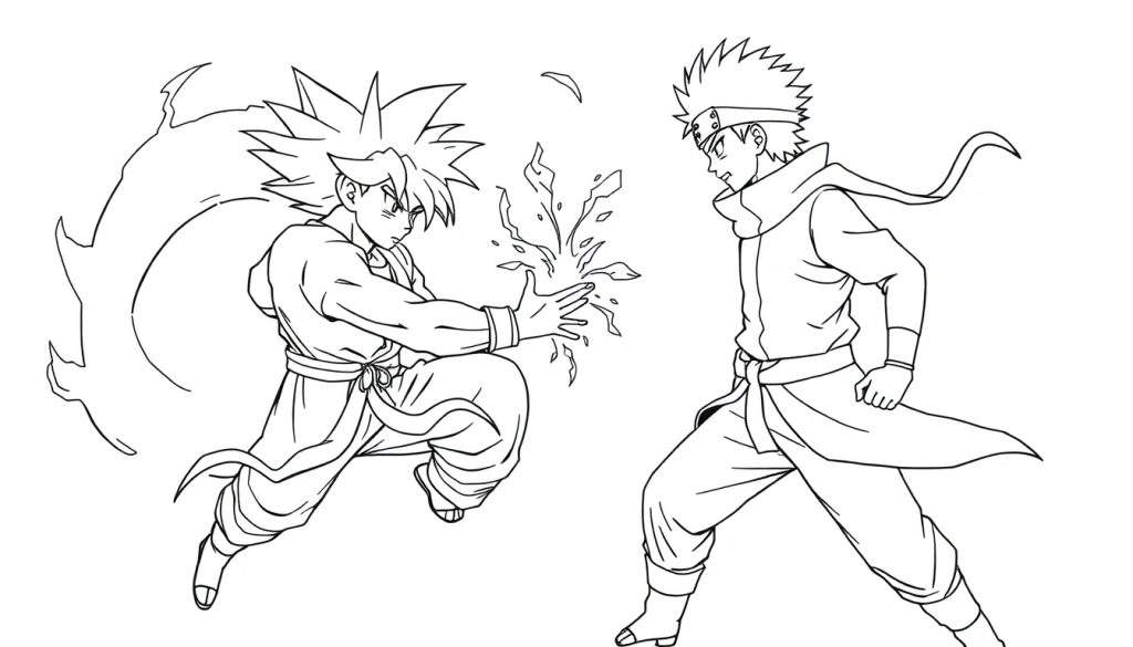 Zwart-witte anime kleurplaat van twee mannelijke personages die vechten. Het ene personage heeft lang, geel, stekelig haar en lanceert een vuur-/energie-aanval. Het andere personage heeft zwart, stekelig haar, een hoofdband en staat in een vechthouding.