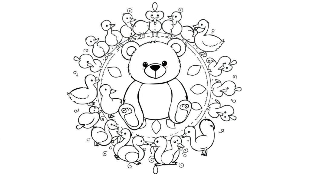 Kleurplaat van een zittende beer met een vriendelijk gezicht, omringd door een mandala-achtige cirkel van eendjes en blaadjes. Een eendje bovenaan draagt een kroontje.