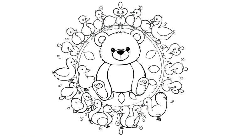 Kleurplaat van een zittende beer met een vriendelijk gezicht, omringd door een mandala-achtige cirkel van eendjes en blaadjes. Een eendje bovenaan draagt een kroontje.