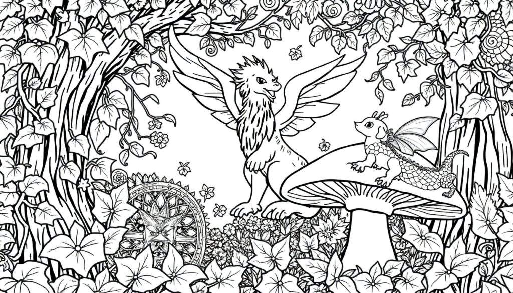Gedetailleerde zwart-wit kleurplaat van een fantasiebos met een grote griffioen, een klein draakje op een paddenstoel, bomen, bloemen en een cirkelvormig object.