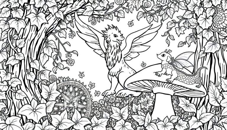 Gedetailleerde zwart-wit kleurplaat van een fantasiebos met een grote griffioen, een klein draakje op een paddenstoel, bomen, bloemen en een cirkelvormig object.