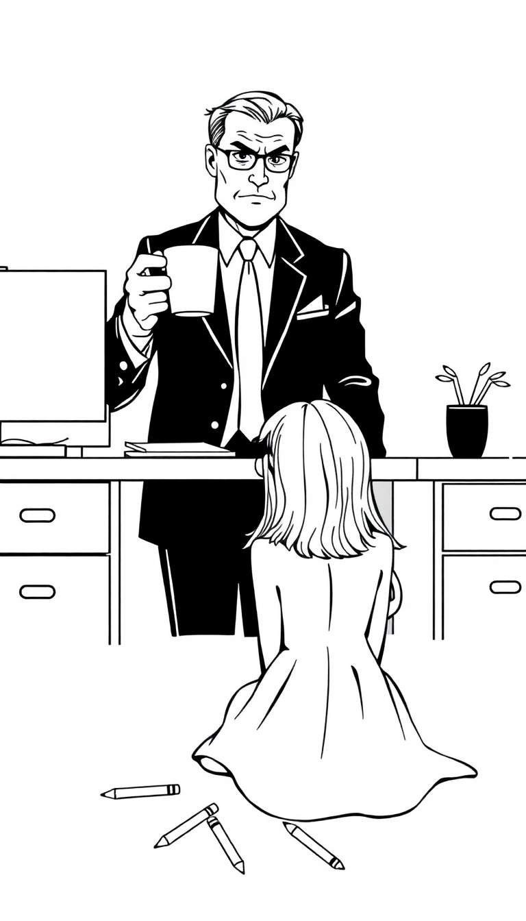 Zwart-wit tekening van een boze man in pak die een kind aanspreekt dat met kleurpotloden op de grond zit.