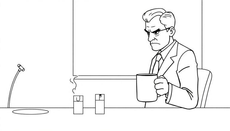 Zwart-wit cartoontekening van een serieuze man met bril en pak die geërgerd naar links kijkt, zittend aan een tafel met een microfoon, rokende asbak en pennenhouder.