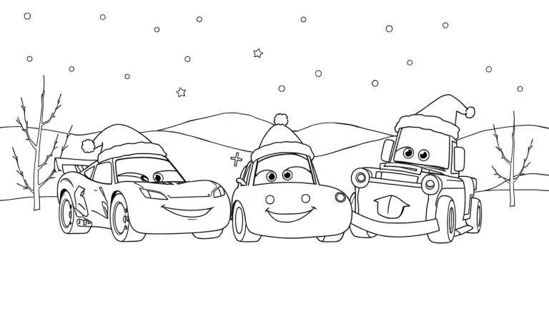 Kleurplaat van Bliksem McQueen, Takel en een andere Cars auto met kerstmutsen in een besneeuwd winterlandschap.